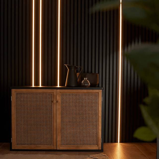 Black matte fluted wall panel with LED strip lighting set, designed for acoustic wall installations by AWS.