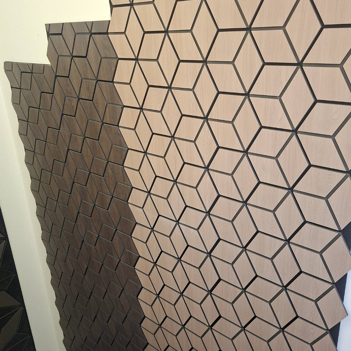 Walnut blocks premium acoustic wall panels with geometric wood grain design, 60 x 240cm by The Panel Outlet Ireland