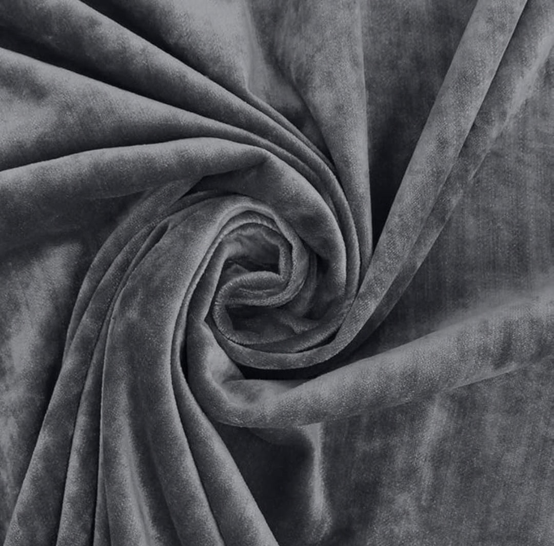 Close-up of grey velvet fabric swatch for The Panel Outlet Ireland divan bed set with headboard and mattress.