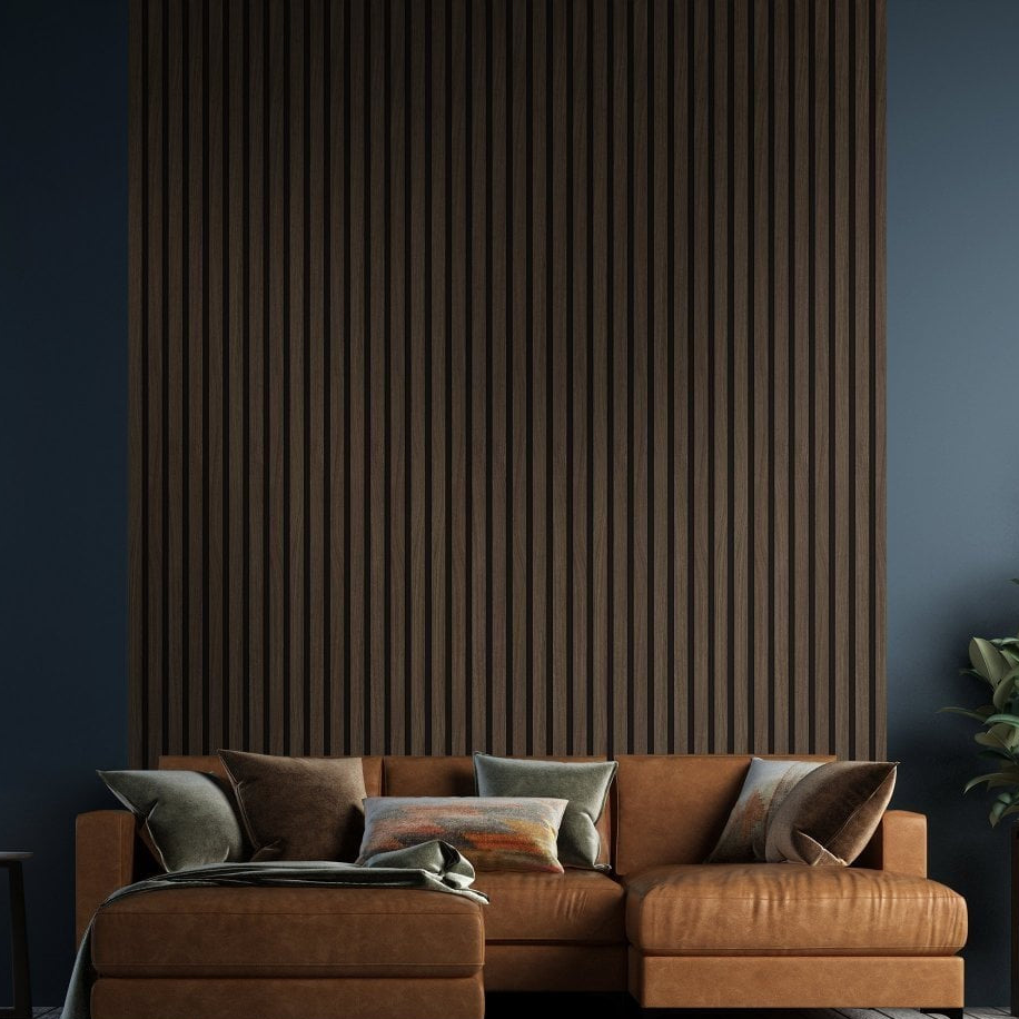 Dark walnut wood effect acoustic wall panel from AWS, 60x280cm, featuring horizontal slats for stylish soundproofing.