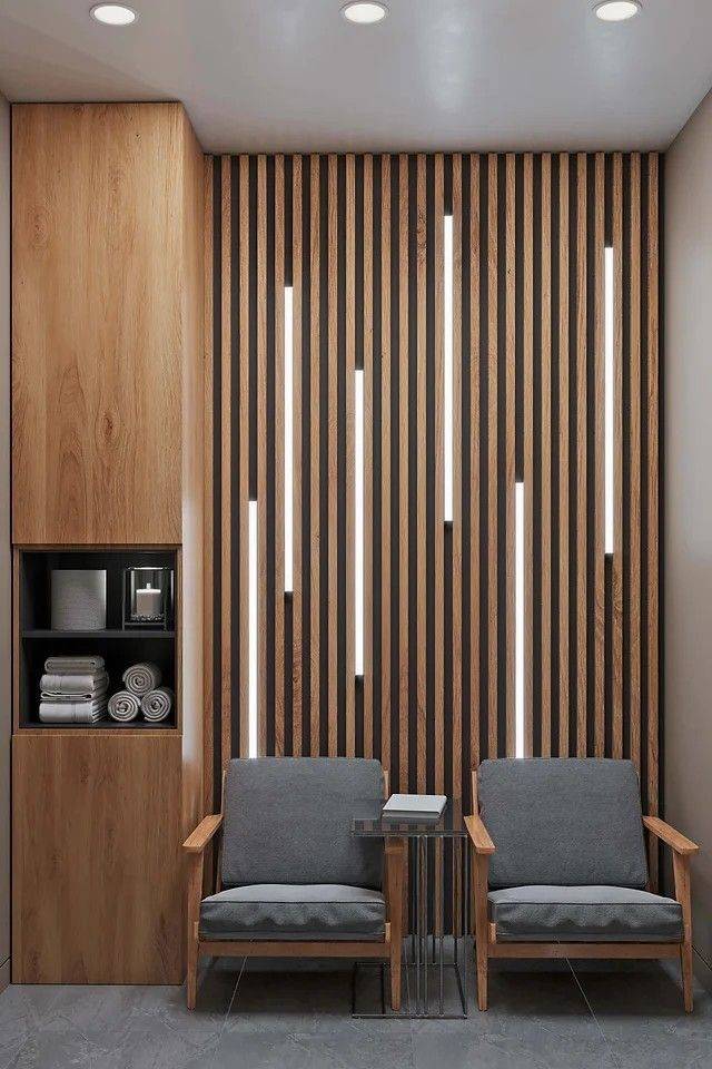 Natural oak wood slatted wall panel with LED strip lighting set 03 by AWS, showcasing warm illumination on textured surface.