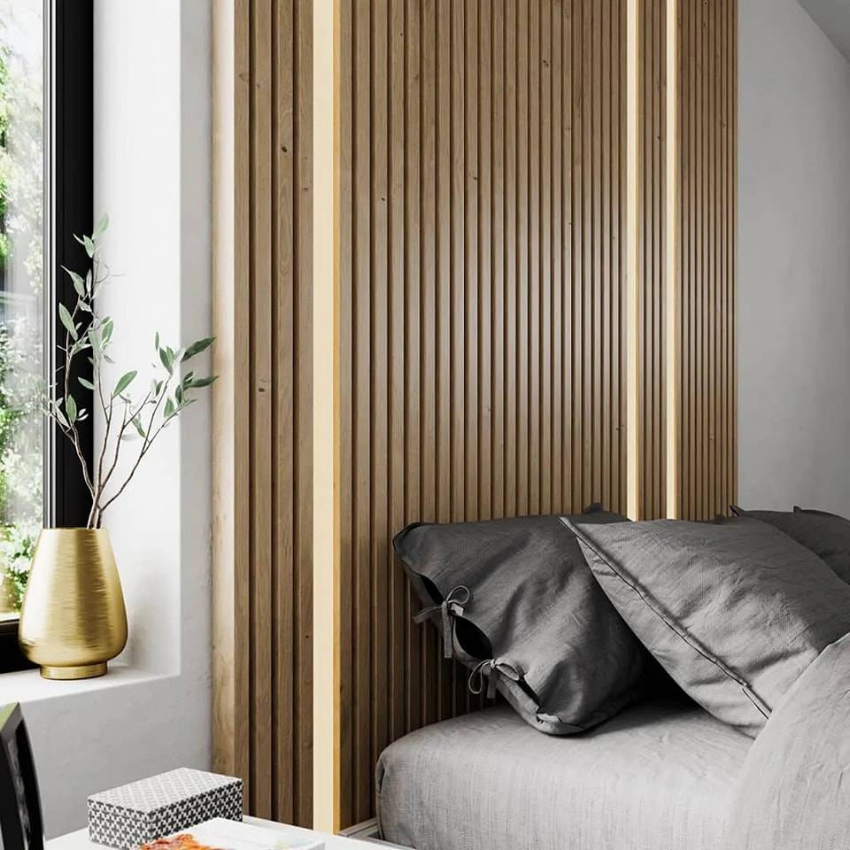 Natural wood-fluted acoustic wall panel with integrated LED lighting set by AWS, 240cm length, white finish, flexible design