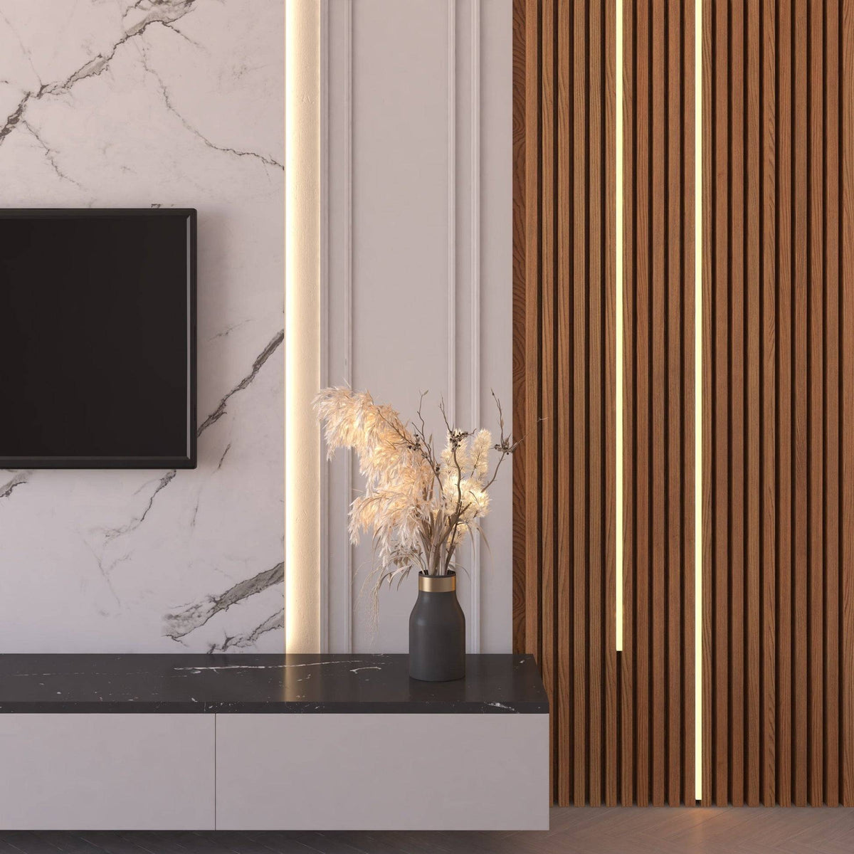 White acoustic wall panel with natural wood grain slats, featuring integrated LED strip lighting set for ambient illumination.