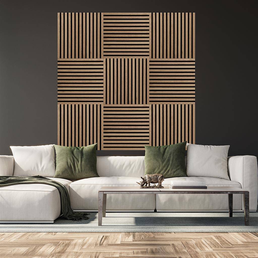 Dark oak square acoustic wall tiles pack of 12, natural wood slatted geometric design for soundproofing and stylish wall decor.
