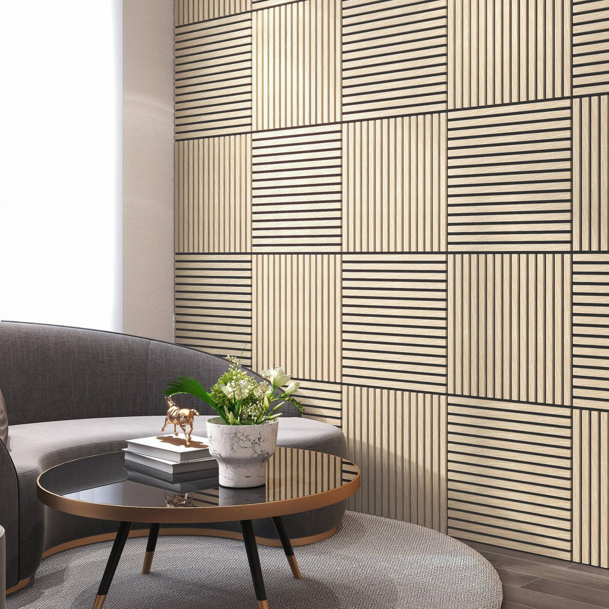 Light oak square acoustic wall tiles from The Panel Outlet Ireland, featuring a natural wood slatted grid design for sound absorption.