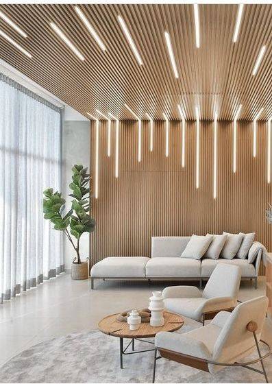 LED acoustic wall panel light strip set from The Panel Outlet Ireland installed on a natural wood slatted wall.