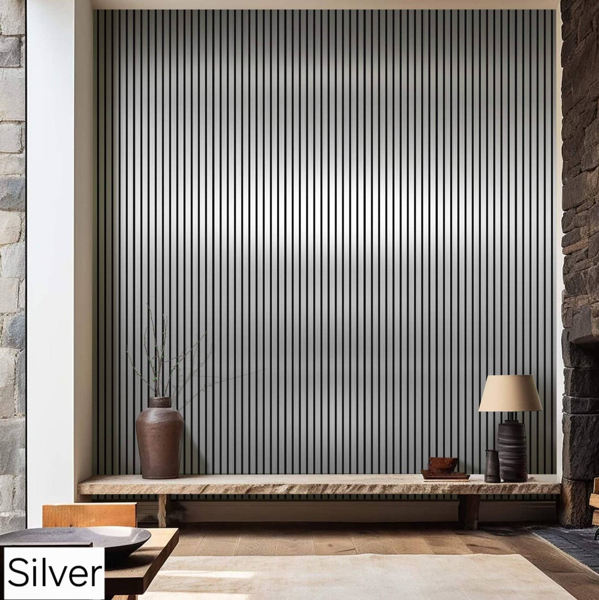 Metallic dark grey fluted acoustic wall panel from The Panel Outlet Ireland, 60x240cm, ideal for soundproofing and decor.