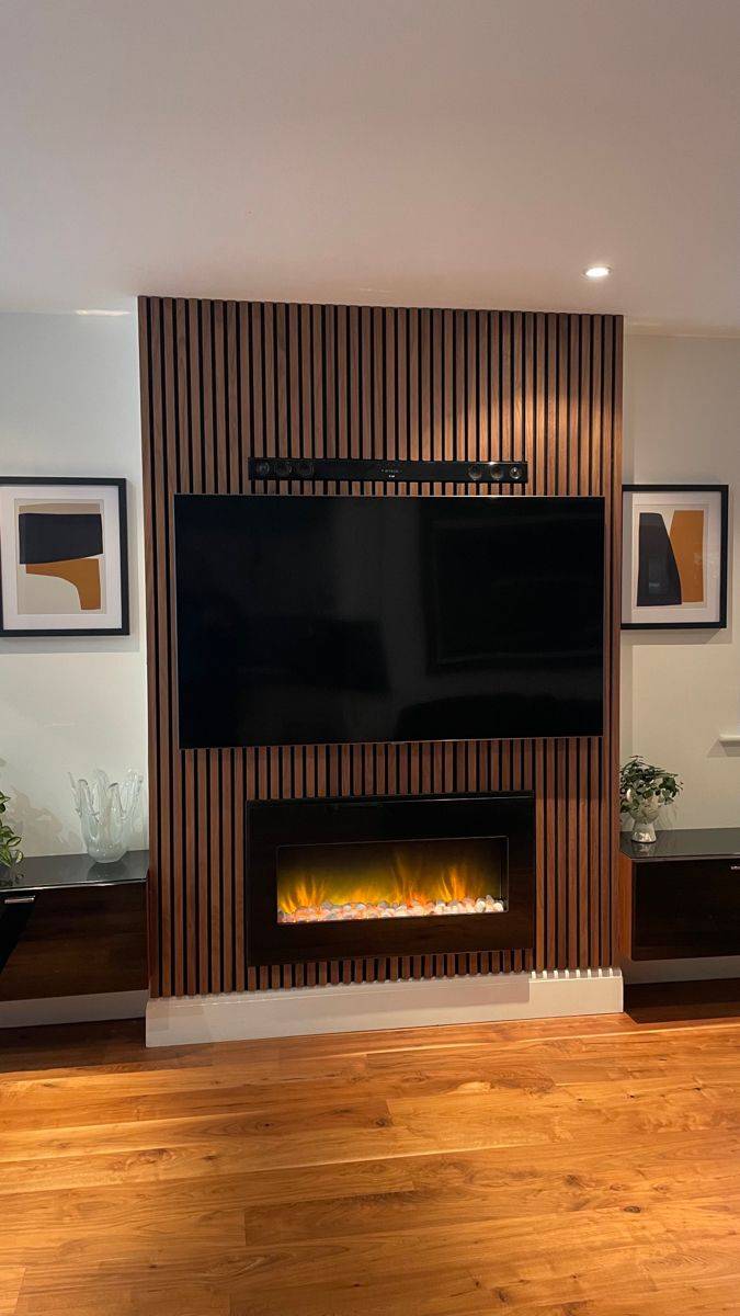 Dark walnut wood effect acoustic wall panel with slatted design, 60 x 280cm, by AWS for stylish sound absorption.