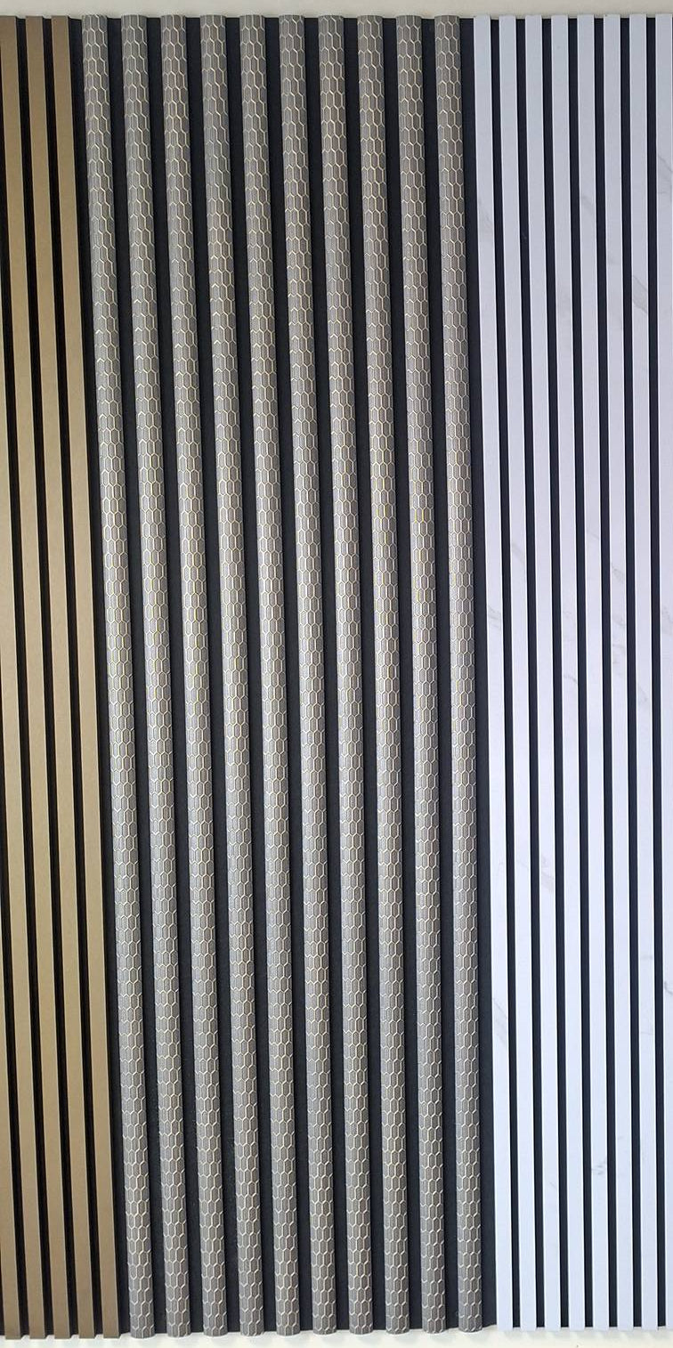 Vertical slat wall panels shown in three color options: black, white, and natural wood, installed on a partition wall in an office interior.
