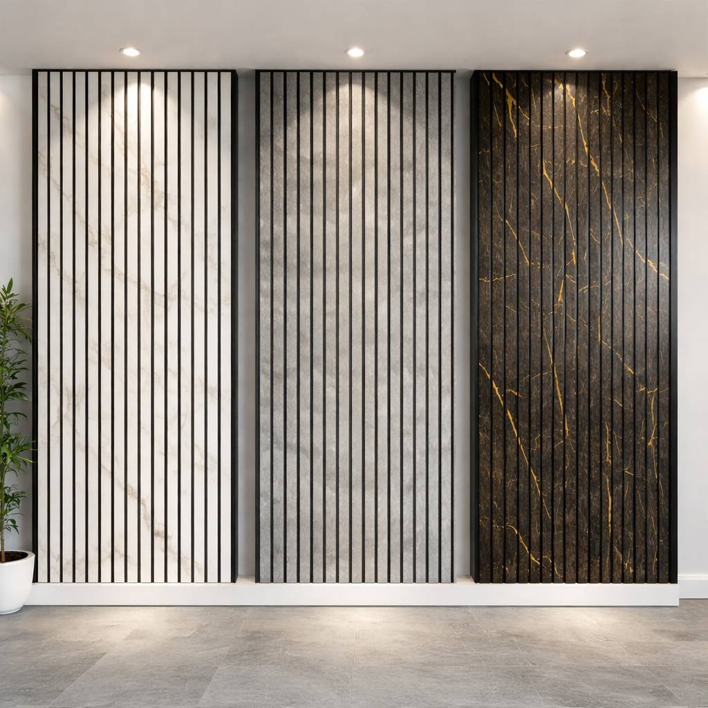 White marble effect acoustic wall panel with slatted design, 60x240cm, from The Panel Outlet Ireland, ideal for stylish soundproofing.