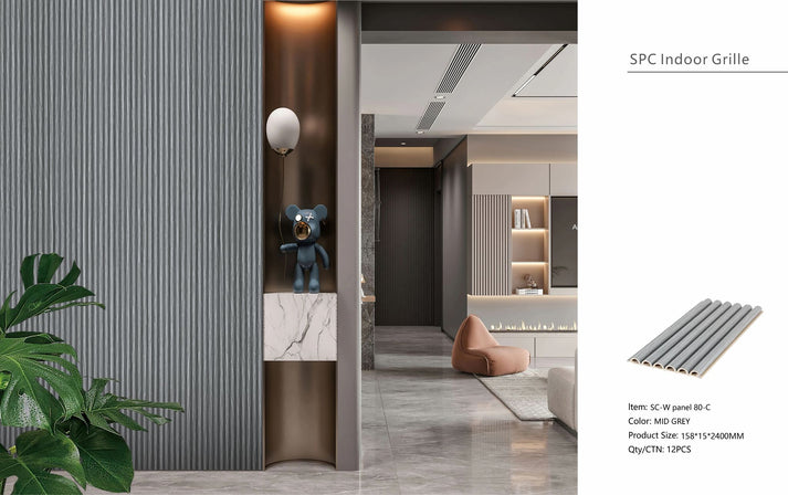 Mid grey AWS fluted tube PVC acoustic wall panel in a 16x240cm seamless, modern design, shown in the image.