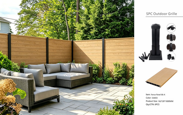 Composite outdoor fencing panels by AWS, Pack of 6 oak-colored panels measuring 15x180cm, for garden boundary fencing.