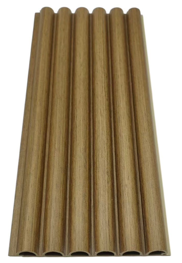 AWS Brown dark oak PVC fluted tube seamless acoustic wall panels, 12-pack, 16x240cm, showcasing textured, modern wall panel design.