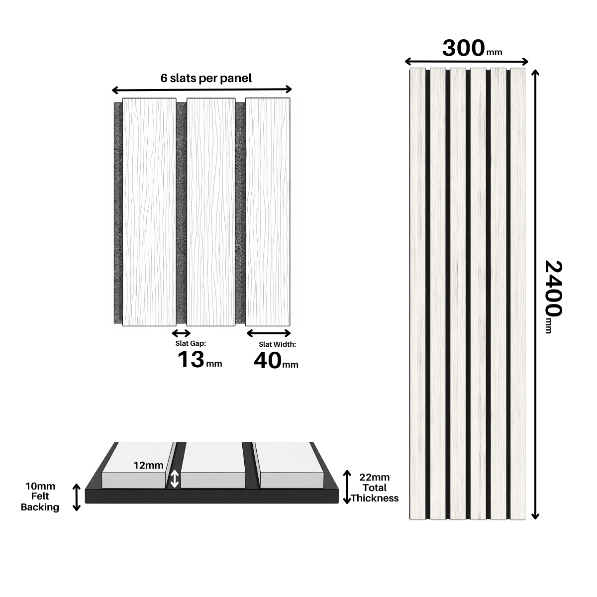 Coloured Acoustic Wide Slat Wall Panels - 3 sided -240cm x 30cm (2 pack)