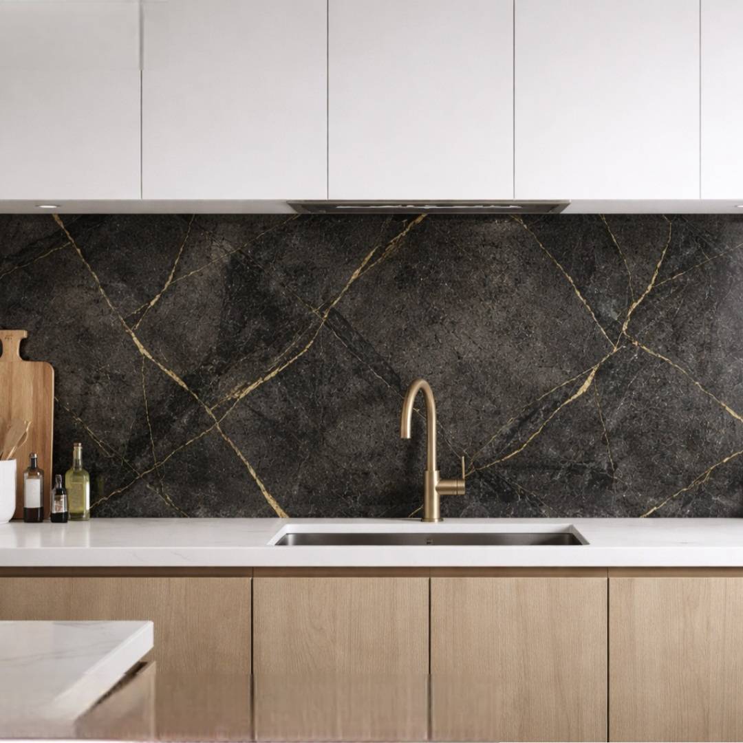 Gold & Black Indoor PVC Marble Vein Effect Wall Panels 60 x 240cm