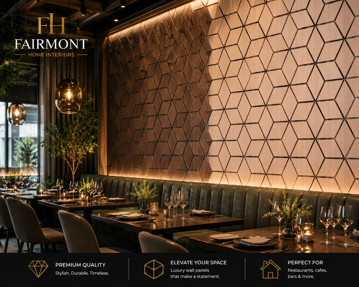 Brown Walnut Blocks premium acoustic wall panels with geometric 3D design, 60x240cm, by The Panel Outlet Ireland.