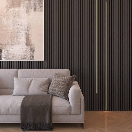 Charcoal ribbed wood-effect acoustic wall panel with integrated LED strip lighting set by AWS, 240cm long, flexible and modern design.