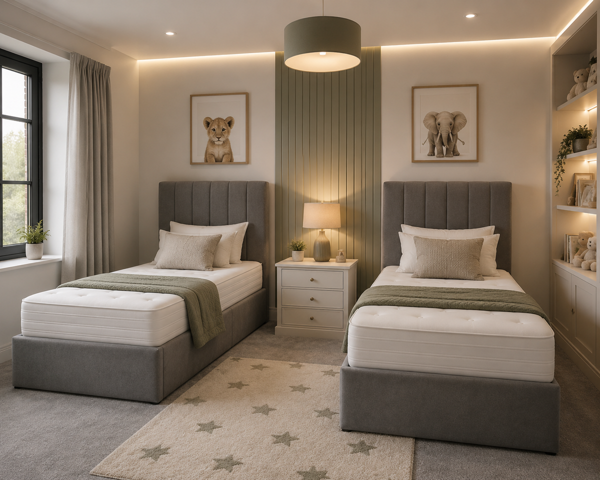 Grey velvet single divan bed set with matching headboard and mattress, perfect for a kids' bedroom.