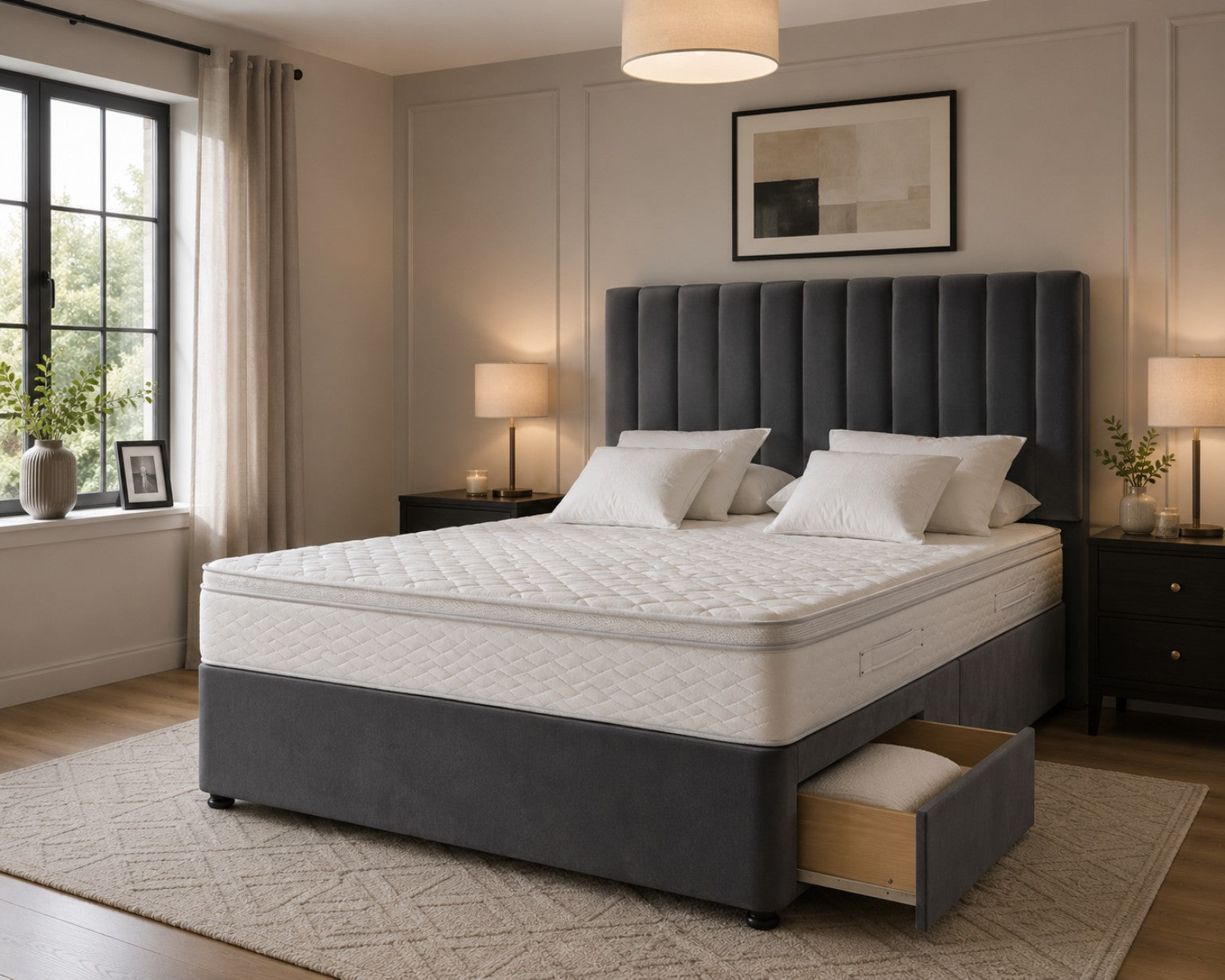 Grey Velvet Divan Bed Set with Headboard and Mattress