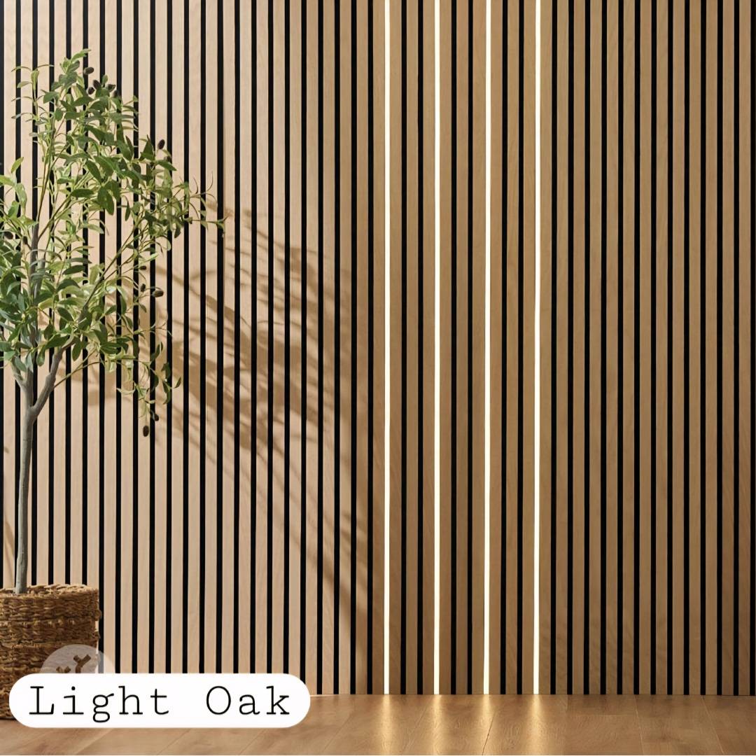 Light oak wood slatted wall panel with integrated white LED strip lighting, showcasing the AWS Acoustic Wall Panel 240cm in a modern interior setting.