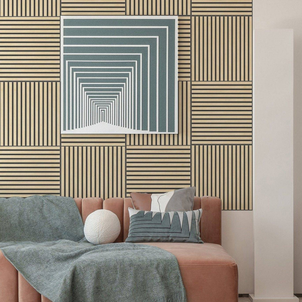 Light oak square acoustic wall tiles from The Panel Outlet Ireland, natural wood slat geometric design for soundproofing and decor.