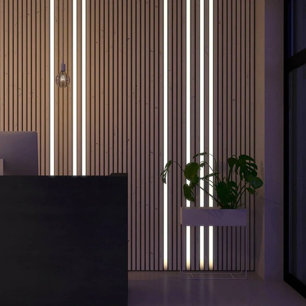 Natural wood slatted wall panel with integrated LED lighting set, 240cm AWS acoustic wall panel for modern interior decor.