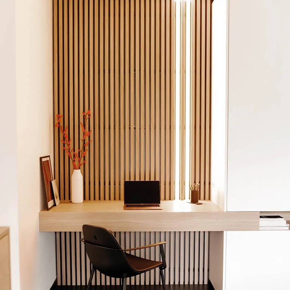 AWS acoustic wall panel with natural wood slats and integrated LED strip lighting set in white, 240cm length, flexible design.