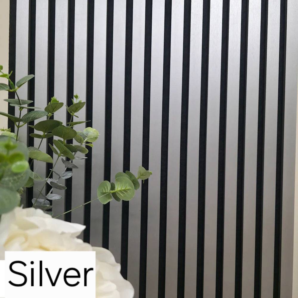 Metallic dark grey acoustic wall panels with silver matte slats, 60x240cm, by The Panel Outlet Ireland.