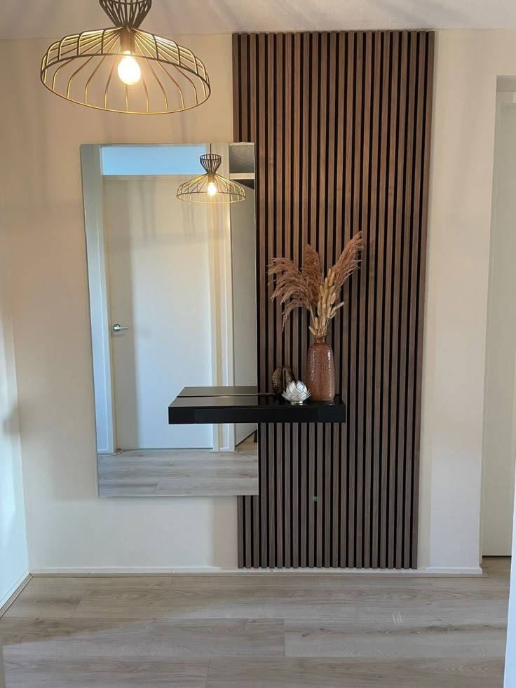 Dark walnut wood effect acoustic wall panel by AWS with a slatted design, measuring 60x280cm for stylish sound insulation.