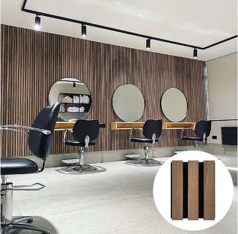 Dark Walnut wood effect acoustic wall panel by AWS, featuring slatted design, 60 x 280cm for stylish soundproofing.